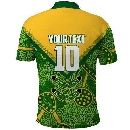 Personalized Australian Jackaroo Lawn Bowls Polo Shirt Kangaroo Athlete Indigenous Pattern Green Yellow Sports Mascot