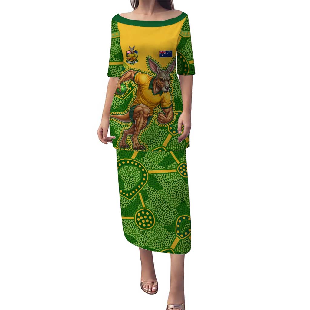 Personalized Australian Jackaroo Lawn Bowls Puletasi Kangaroo Athlete Indigenous Pattern Green Yellow Sports Mascot