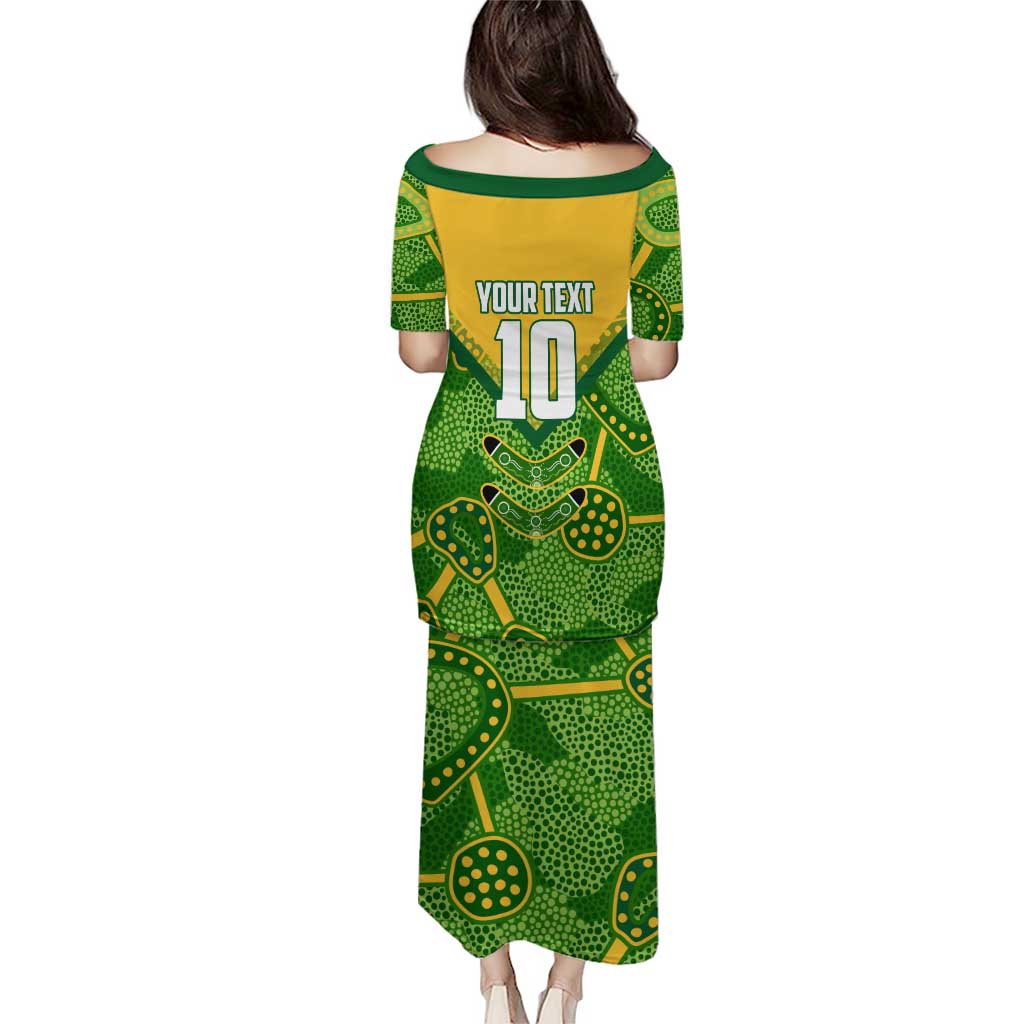 Personalized Australian Jackaroo Lawn Bowls Puletasi Kangaroo Athlete Indigenous Pattern Green Yellow Sports Mascot