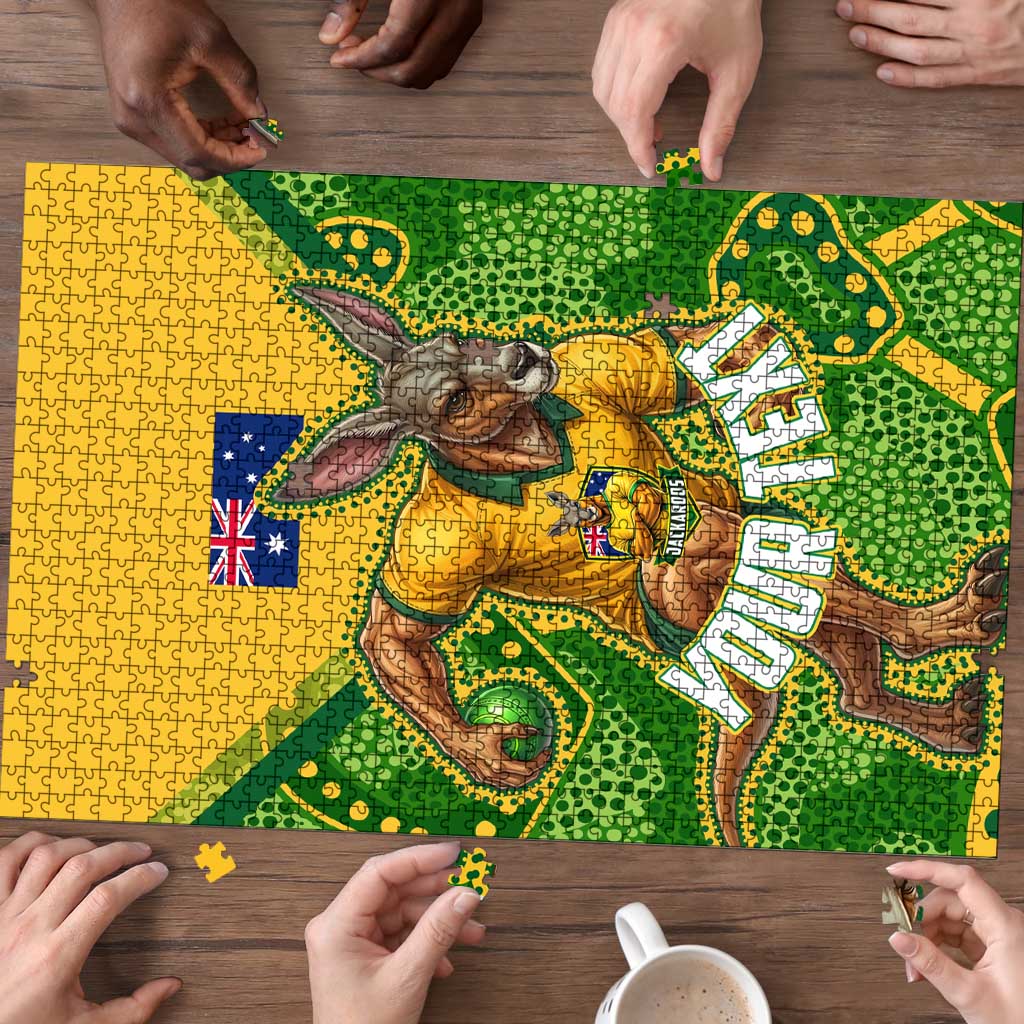 Personalized Australian Jackaroo Lawn Bowls Puzzle Kangaroo Athlete Indigenous Pattern Green Yellow Sports Mascot