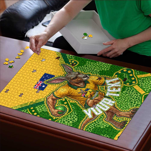 Personalized Australian Jackaroo Lawn Bowls Puzzle Kangaroo Athlete Indigenous Pattern Green Yellow Sports Mascot
