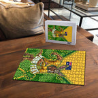Personalized Australian Jackaroo Lawn Bowls Puzzle Kangaroo Athlete Indigenous Pattern Green Yellow Sports Mascot