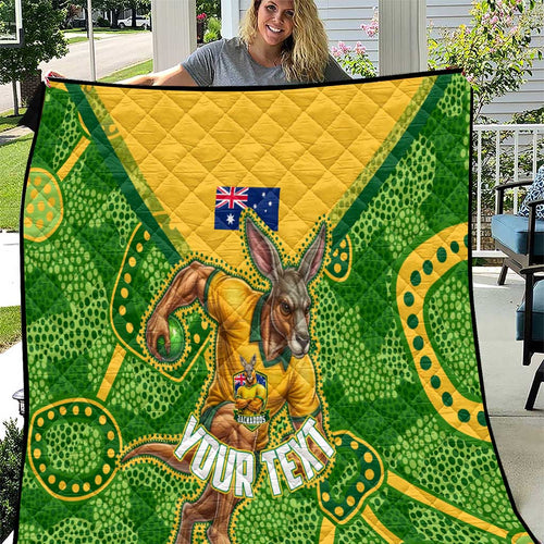 Personalized Australian Jackaroo Lawn Bowls Quilt Kangaroo Athlete Indigenous Pattern Green Yellow Sports Mascot