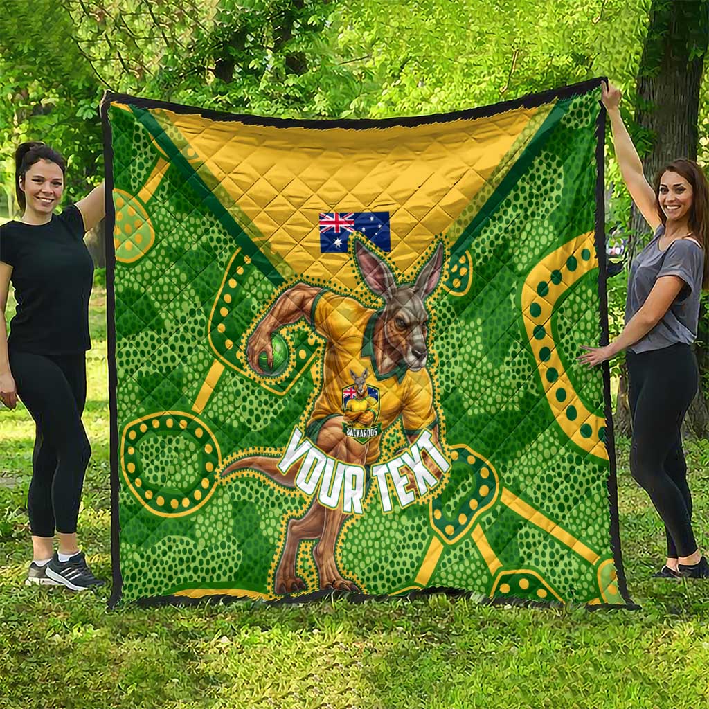 Personalized Australian Jackaroo Lawn Bowls Quilt Kangaroo Athlete Indigenous Pattern Green Yellow Sports Mascot