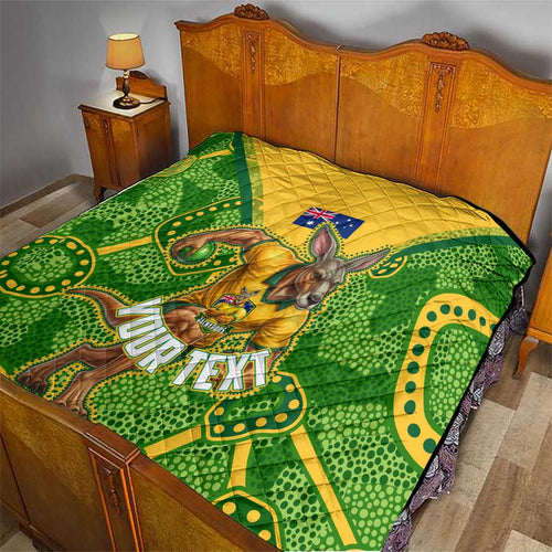 Personalized Australian Jackaroo Lawn Bowls Quilt Kangaroo Athlete Indigenous Pattern Green Yellow Sports Mascot