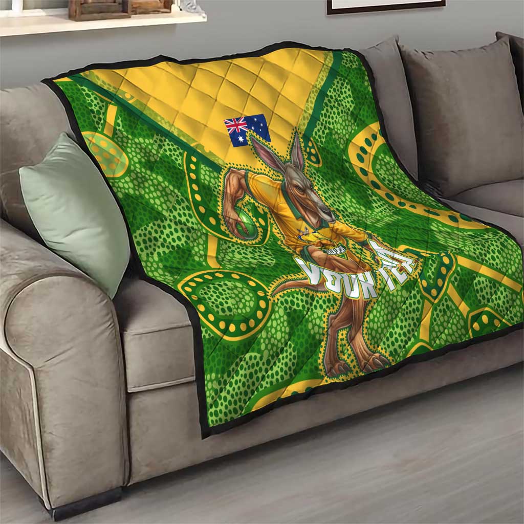 Personalized Australian Jackaroo Lawn Bowls Quilt Kangaroo Athlete Indigenous Pattern Green Yellow Sports Mascot