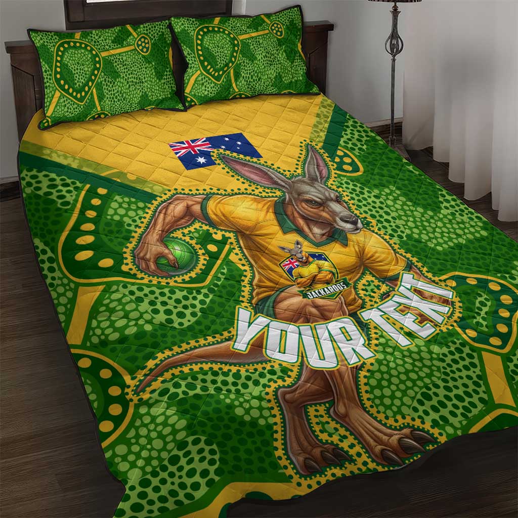 Personalized Australian Jackaroo Lawn Bowls Quilt Bed Set Kangaroo Athlete Indigenous Pattern Green Yellow Sports Mascot