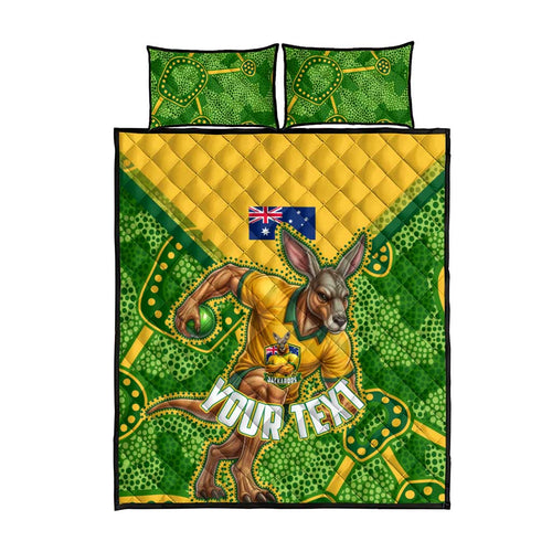 Personalized Australian Jackaroo Lawn Bowls Quilt Bed Set Kangaroo Athlete Indigenous Pattern Green Yellow Sports Mascot