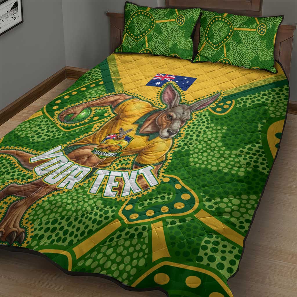 Personalized Australian Jackaroo Lawn Bowls Quilt Bed Set Kangaroo Athlete Indigenous Pattern Green Yellow Sports Mascot