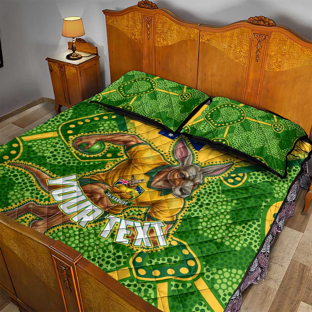 Personalized Australian Jackaroo Lawn Bowls Quilt Bed Set Kangaroo Athlete Indigenous Pattern Green Yellow Sports Mascot