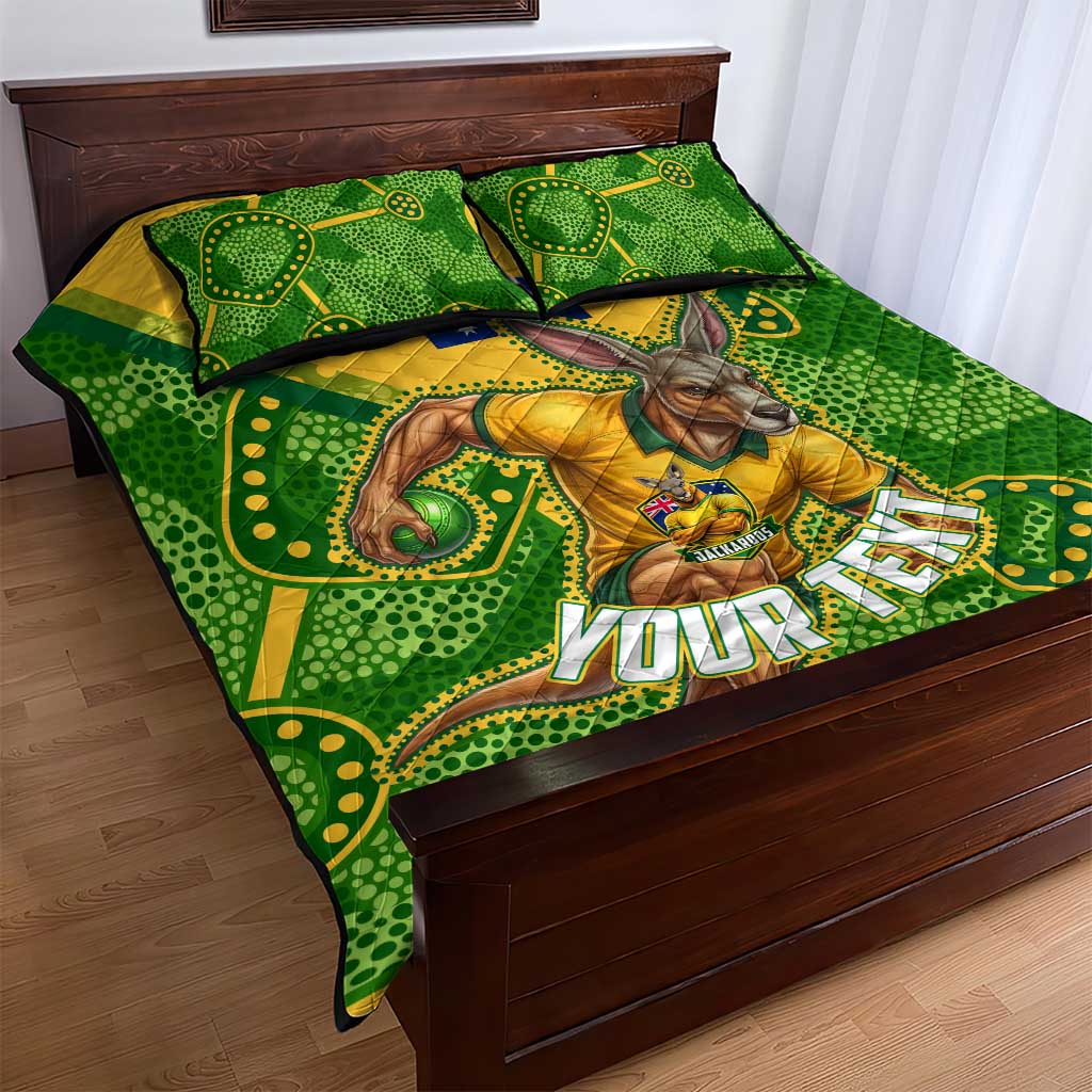 Personalized Australian Jackaroo Lawn Bowls Quilt Bed Set Kangaroo Athlete Indigenous Pattern Green Yellow Sports Mascot