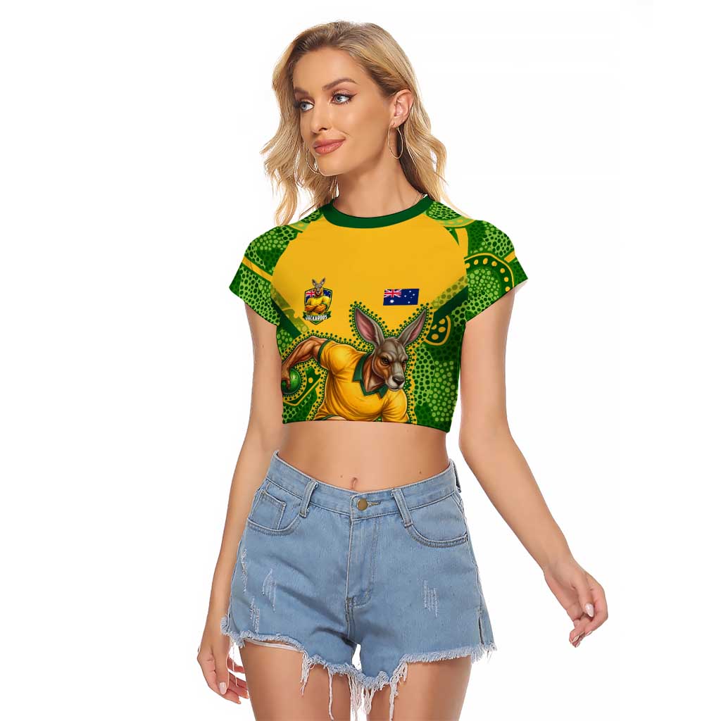 Personalized Australian Jackaroo Lawn Bowls Raglan Cropped T Shirt Kangaroo Athlete Indigenous Pattern Green Yellow Sports Mascot