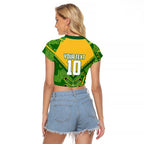Personalized Australian Jackaroo Lawn Bowls Raglan Cropped T Shirt Kangaroo Athlete Indigenous Pattern Green Yellow Sports Mascot