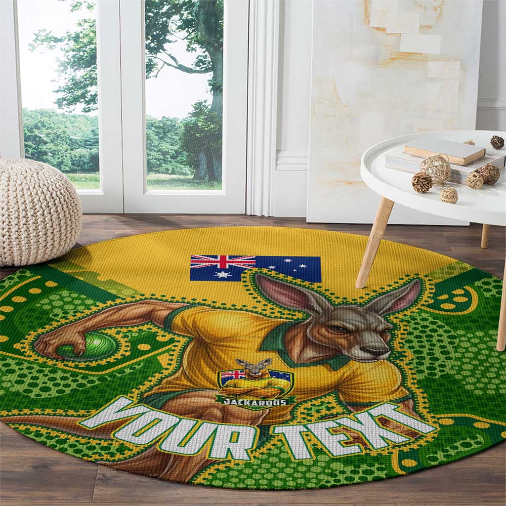 Personalized Australian Jackaroo Lawn Bowls Round Carpet Kangaroo Athlete Indigenous Pattern Green Yellow Sports Mascot
