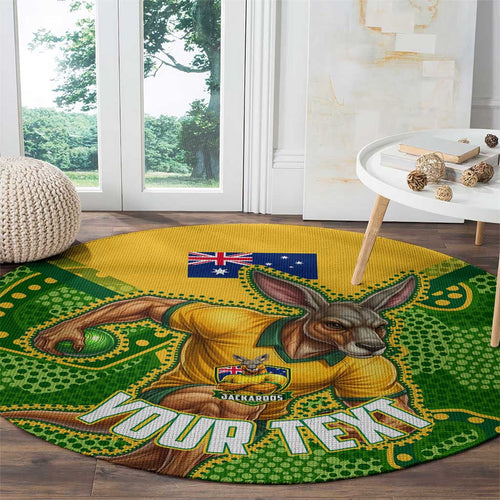 Personalized Australian Jackaroo Lawn Bowls Round Carpet Kangaroo Athlete Indigenous Pattern Green Yellow Sports Mascot