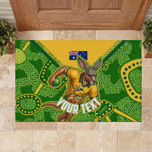 Personalized Australian Jackaroo Lawn Bowls Rubber Doormat Kangaroo Athlete Indigenous Pattern Green Yellow Sports Mascot