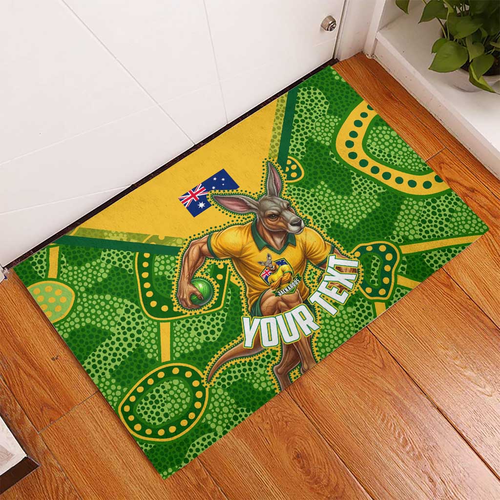 Personalized Australian Jackaroo Lawn Bowls Rubber Doormat Kangaroo Athlete Indigenous Pattern Green Yellow Sports Mascot