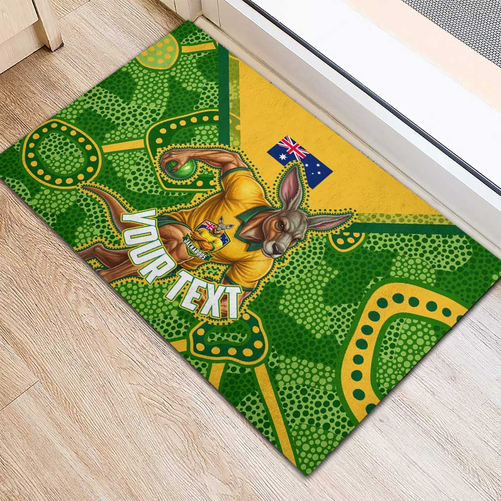 Personalized Australian Jackaroo Lawn Bowls Rubber Doormat Kangaroo Athlete Indigenous Pattern Green Yellow Sports Mascot