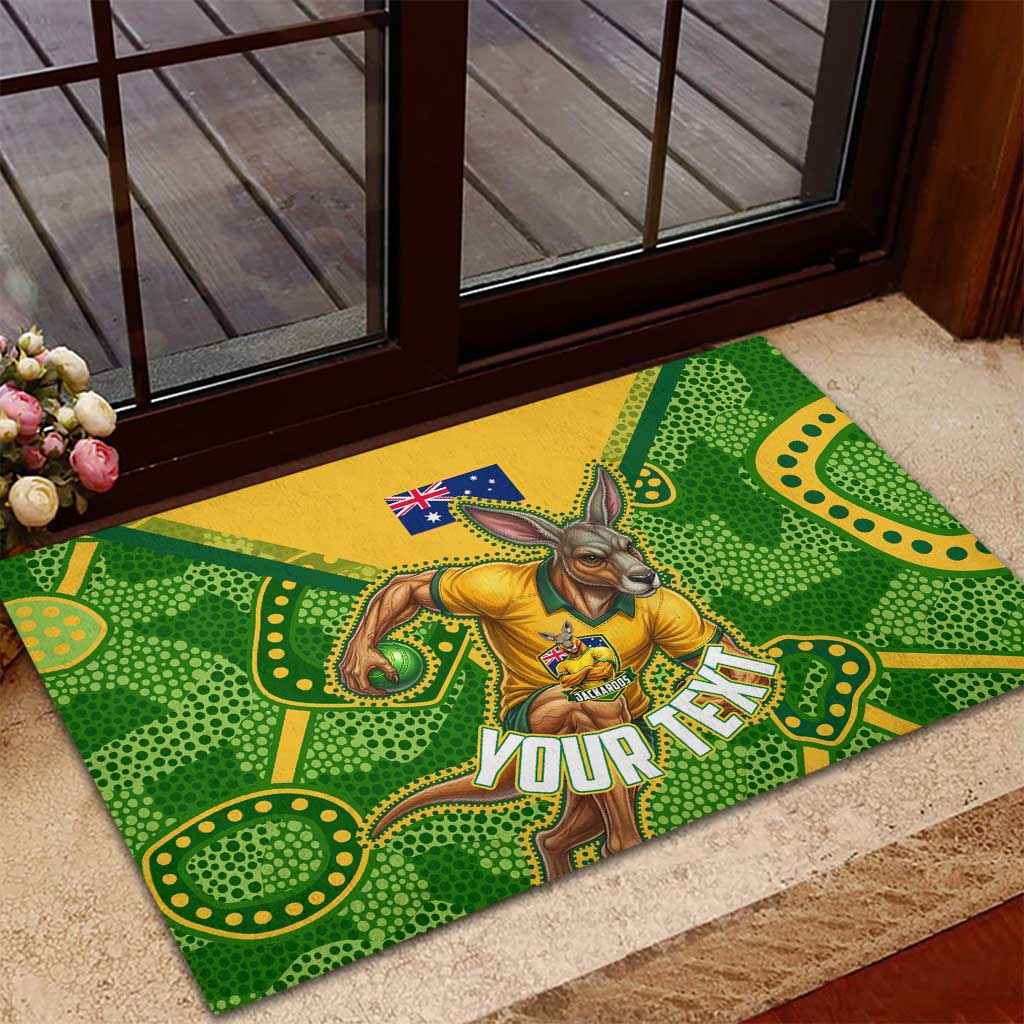 Personalized Australian Jackaroo Lawn Bowls Rubber Doormat Kangaroo Athlete Indigenous Pattern Green Yellow Sports Mascot