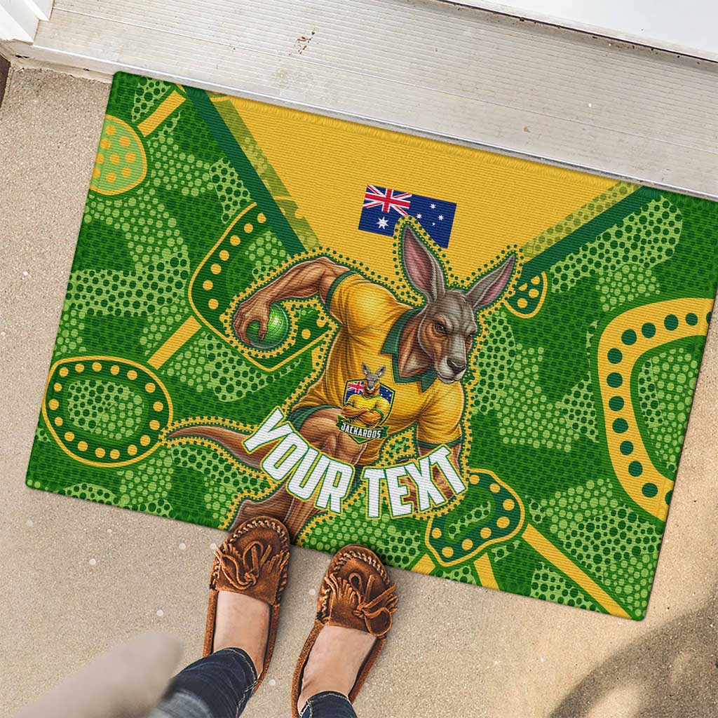 Personalized Australian Jackaroo Lawn Bowls Rubber Doormat Kangaroo Athlete Indigenous Pattern Green Yellow Sports Mascot