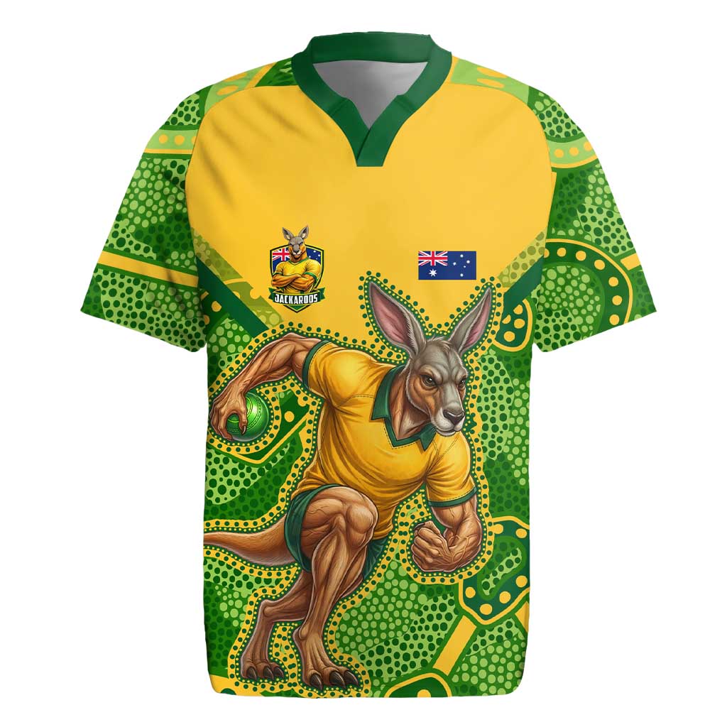 Personalized Australian Jackaroo Lawn Bowls Rugby Jersey Kangaroo Athlete Indigenous Pattern Green Yellow Sports Mascot