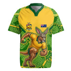 Personalized Australian Jackaroo Lawn Bowls Rugby Jersey Kangaroo Athlete Indigenous Pattern Green Yellow Sports Mascot