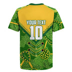 Personalized Australian Jackaroo Lawn Bowls Rugby Jersey Kangaroo Athlete Indigenous Pattern Green Yellow Sports Mascot