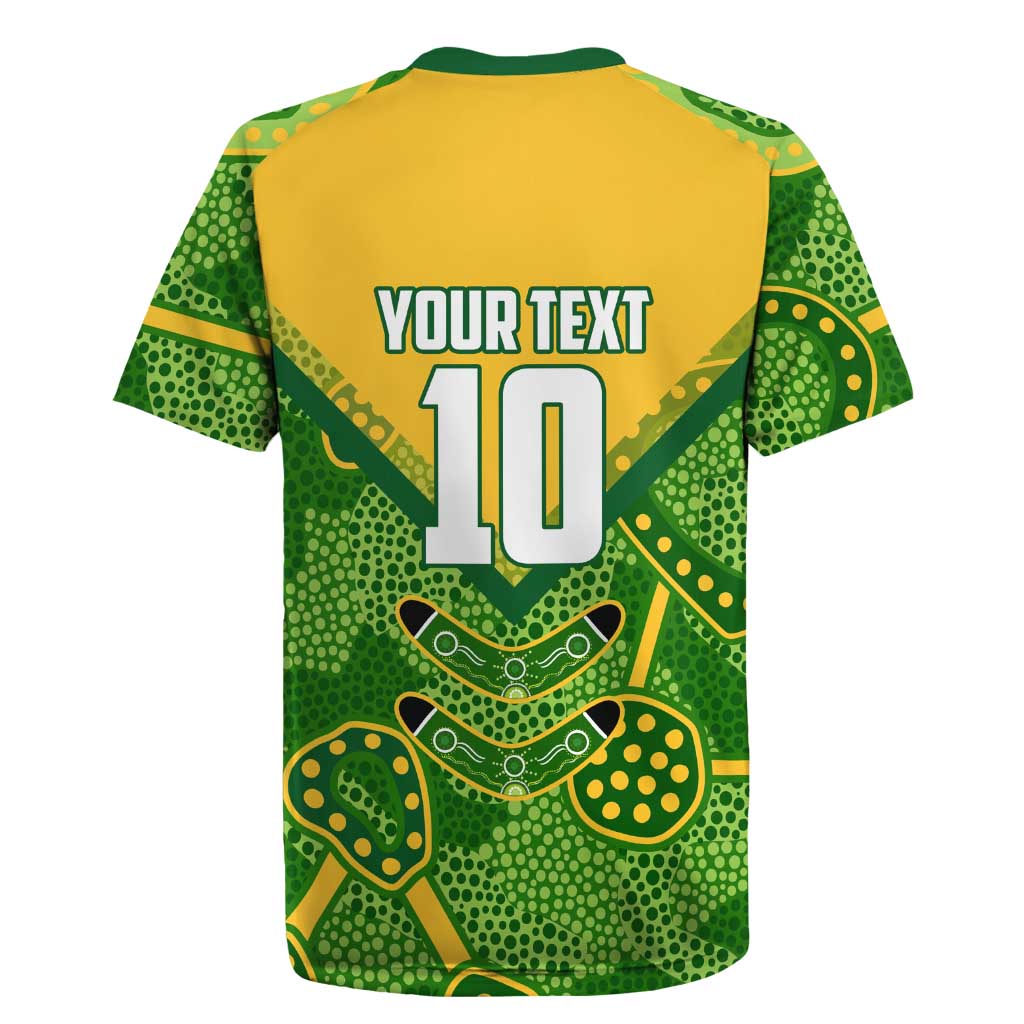 Personalized Australian Jackaroo Lawn Bowls Rugby Jersey Kangaroo Athlete Indigenous Pattern Green Yellow Sports Mascot