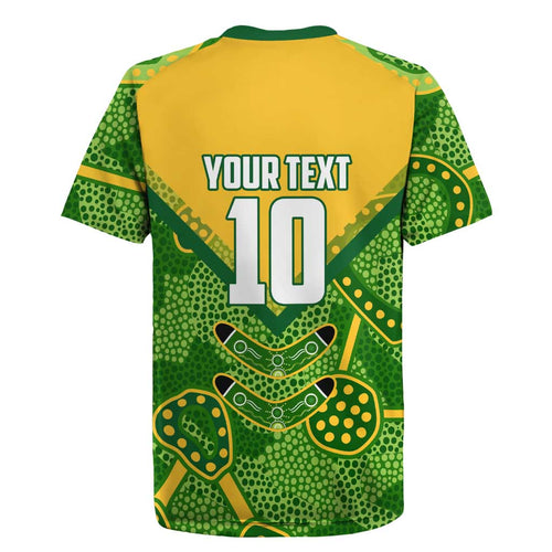Personalized Australian Jackaroo Lawn Bowls Rugby Jersey Kangaroo Athlete Indigenous Pattern Green Yellow Sports Mascot