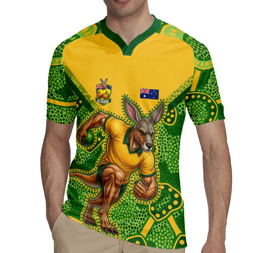 Personalized Australian Jackaroo Lawn Bowls Rugby Jersey Kangaroo Athlete Indigenous Pattern Green Yellow Sports Mascot