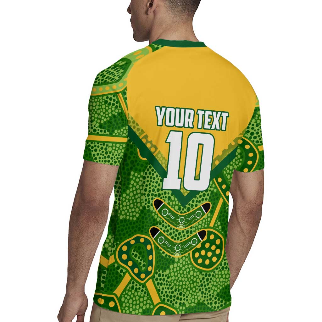 Personalized Australian Jackaroo Lawn Bowls Rugby Jersey Kangaroo Athlete Indigenous Pattern Green Yellow Sports Mascot