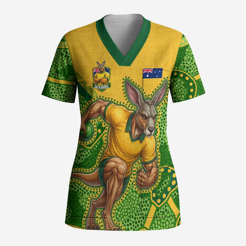Personalized Australian Jackaroo Lawn Bowls Scrub Top Kangaroo Athlete Indigenous Pattern Green Yellow Sports Mascot