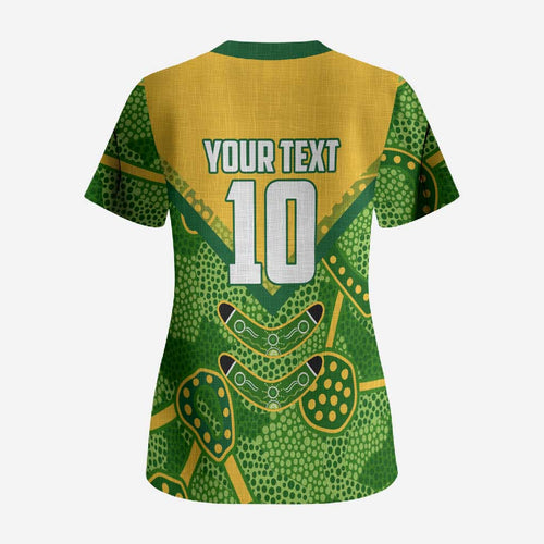 Personalized Australian Jackaroo Lawn Bowls Scrub Top Kangaroo Athlete Indigenous Pattern Green Yellow Sports Mascot