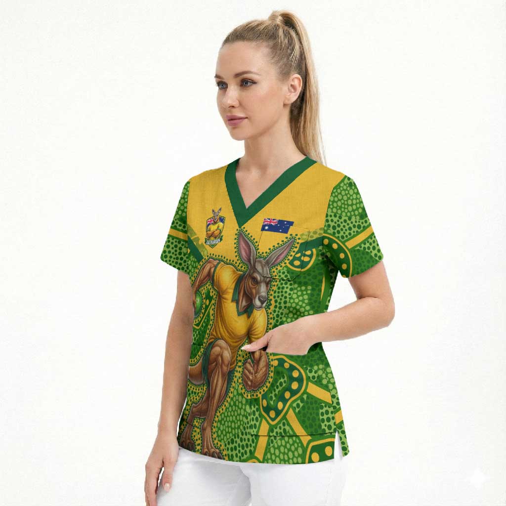 Personalized Australian Jackaroo Lawn Bowls Scrub Top Kangaroo Athlete Indigenous Pattern Green Yellow Sports Mascot