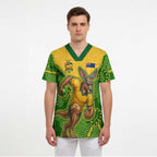 Personalized Australian Jackaroo Lawn Bowls Scrub Top Kangaroo Athlete Indigenous Pattern Green Yellow Sports Mascot