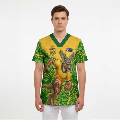 Personalized Australian Jackaroo Lawn Bowls Scrub Top Kangaroo Athlete Indigenous Pattern Green Yellow Sports Mascot