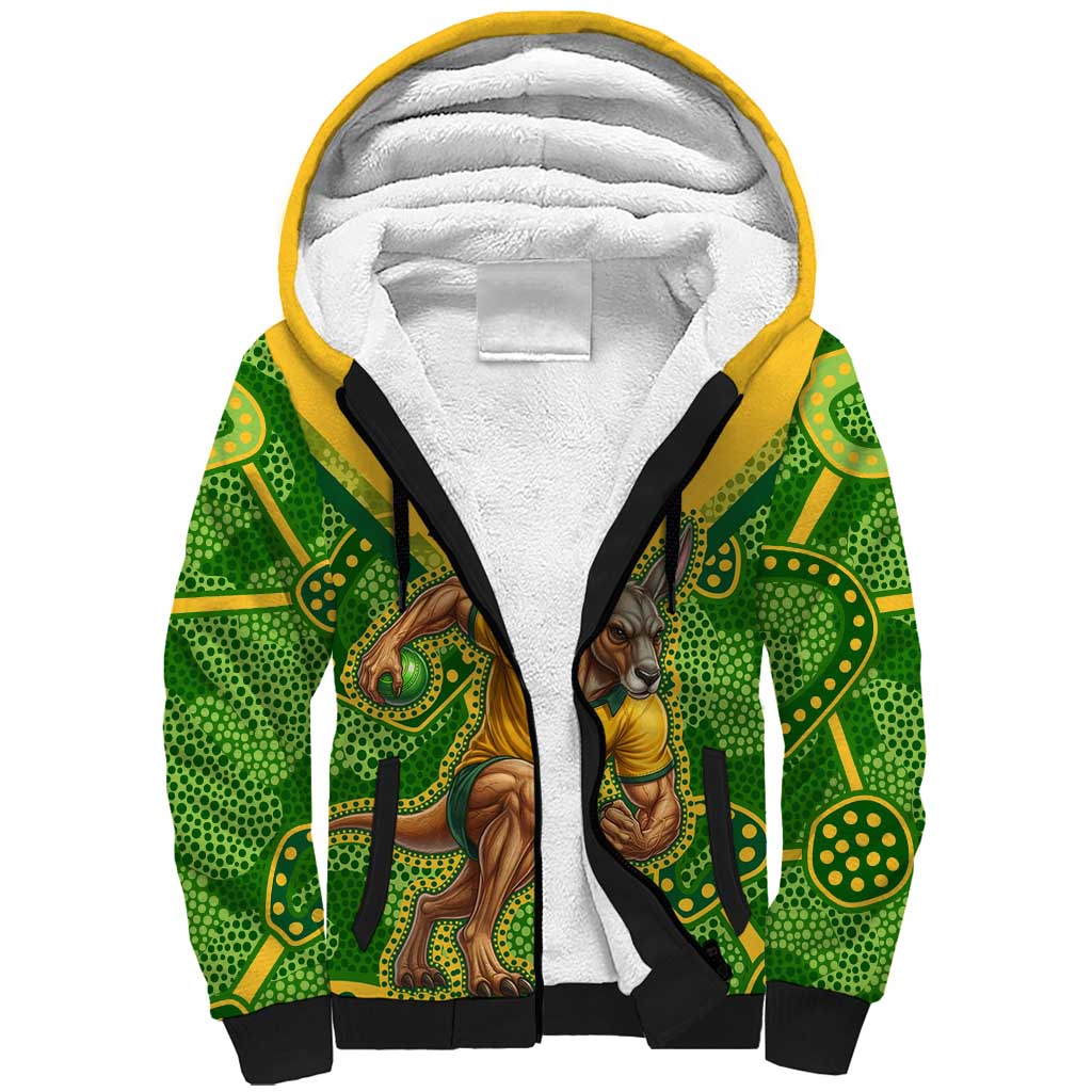 Personalized Australian Jackaroo Lawn Bowls Sherpa Hoodie Kangaroo Athlete Indigenous Pattern Green Yellow Sports Mascot