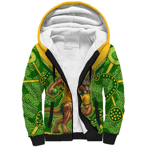 Personalized Australian Jackaroo Lawn Bowls Sherpa Hoodie Kangaroo Athlete Indigenous Pattern Green Yellow Sports Mascot