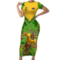 Personalized Australian Jackaroo Lawn Bowls Short Sleeve Bodycon Dress Kangaroo Athlete Indigenous Pattern Green Yellow Sports Mascot