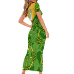 Personalized Australian Jackaroo Lawn Bowls Short Sleeve Bodycon Dress Kangaroo Athlete Indigenous Pattern Green Yellow Sports Mascot