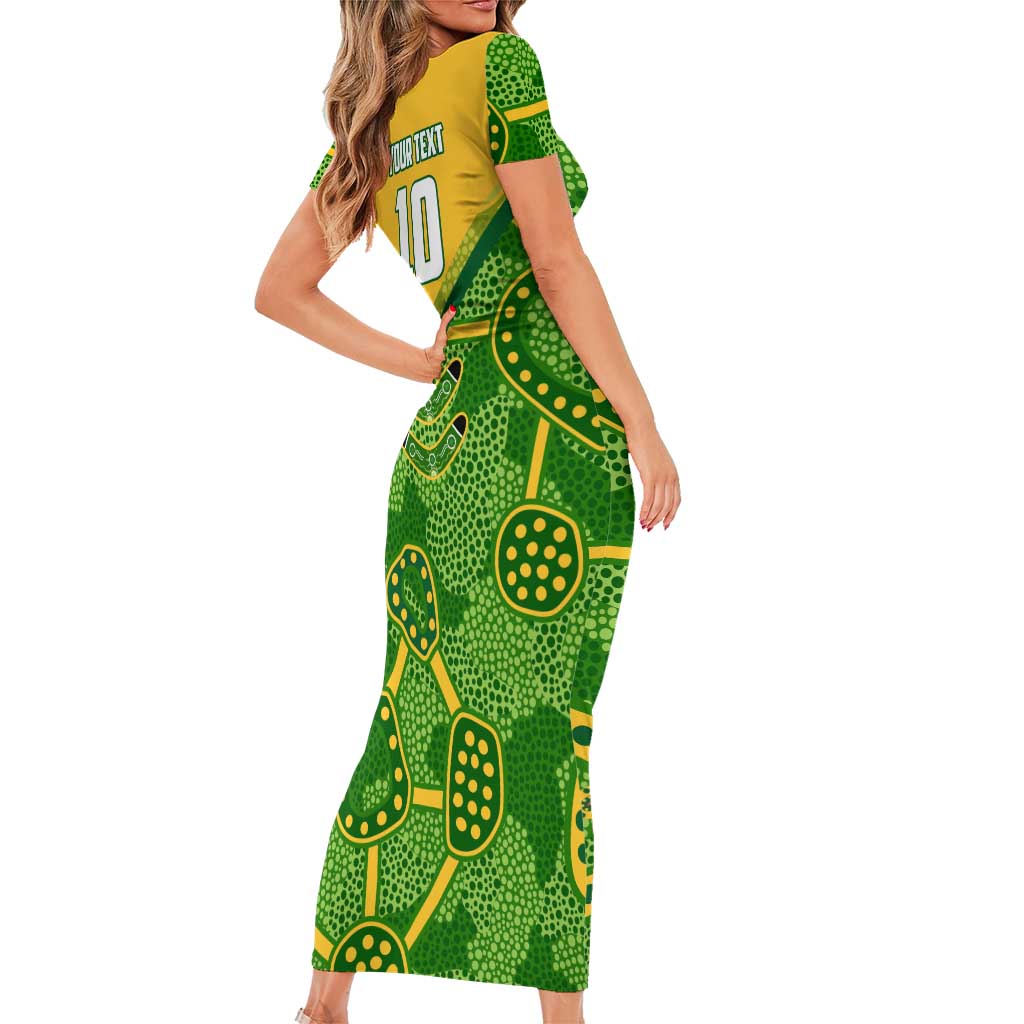 Personalized Australian Jackaroo Lawn Bowls Short Sleeve Bodycon Dress Kangaroo Athlete Indigenous Pattern Green Yellow Sports Mascot