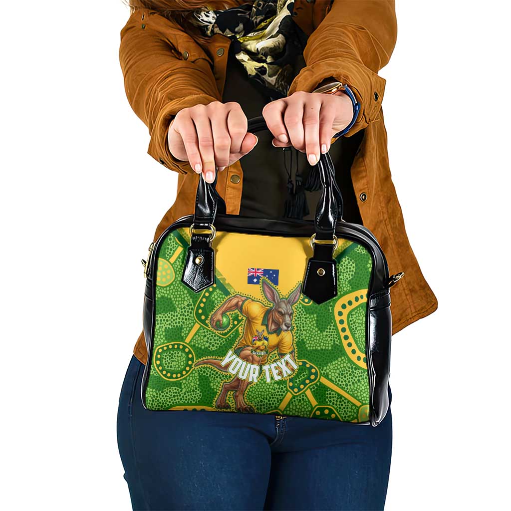 Personalized Australian Jackaroo Lawn Bowls Shoulder Handbag Kangaroo Athlete Indigenous Pattern Green Yellow Sports Mascot