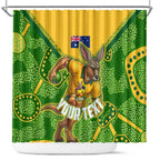 Personalized Australian Jackaroo Lawn Bowls Shower Curtain Kangaroo Athlete Indigenous Pattern Green Yellow Sports Mascot