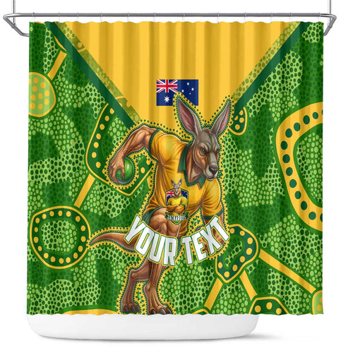 Personalized Australian Jackaroo Lawn Bowls Shower Curtain Kangaroo Athlete Indigenous Pattern Green Yellow Sports Mascot