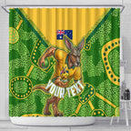 Personalized Australian Jackaroo Lawn Bowls Shower Curtain Kangaroo Athlete Indigenous Pattern Green Yellow Sports Mascot