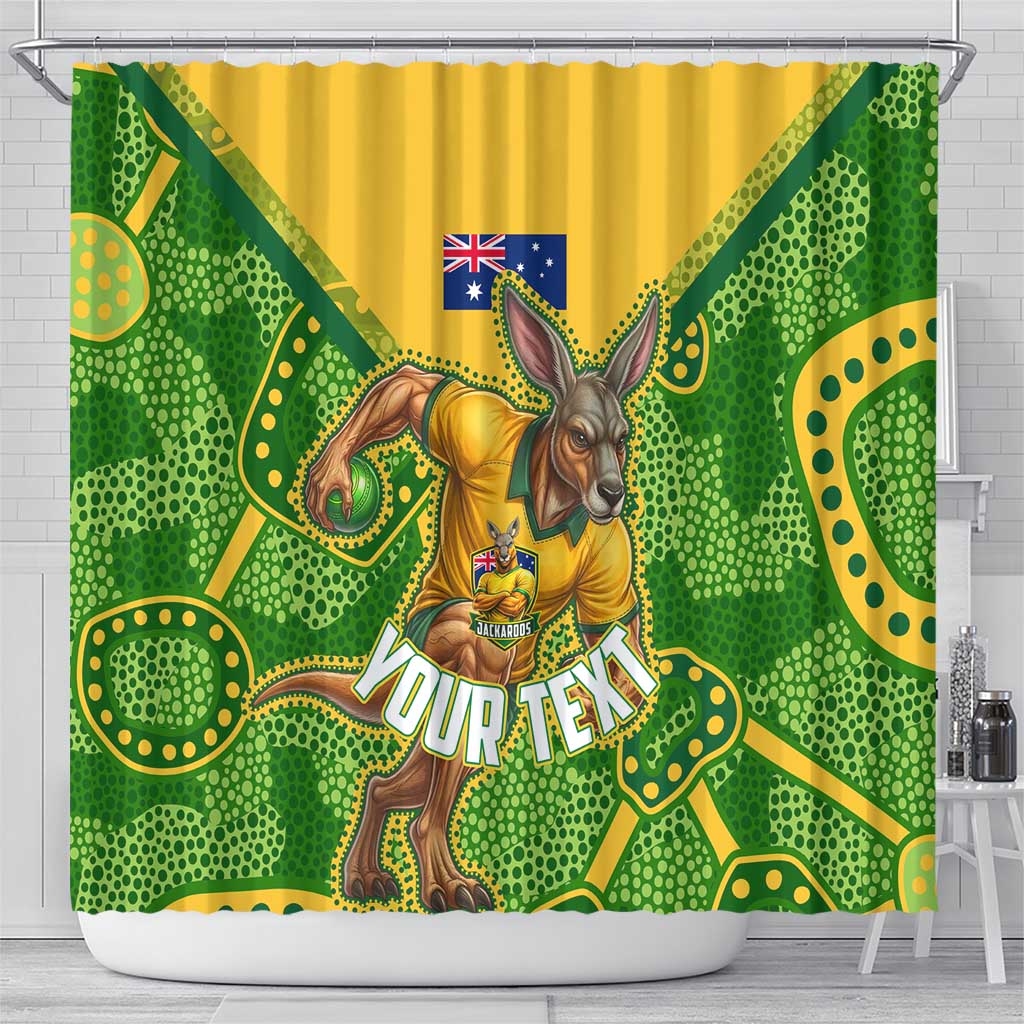 Personalized Australian Jackaroo Lawn Bowls Shower Curtain Kangaroo Athlete Indigenous Pattern Green Yellow Sports Mascot