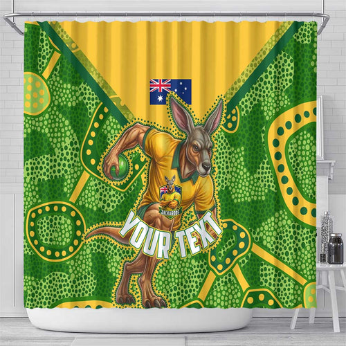 Personalized Australian Jackaroo Lawn Bowls Shower Curtain Kangaroo Athlete Indigenous Pattern Green Yellow Sports Mascot
