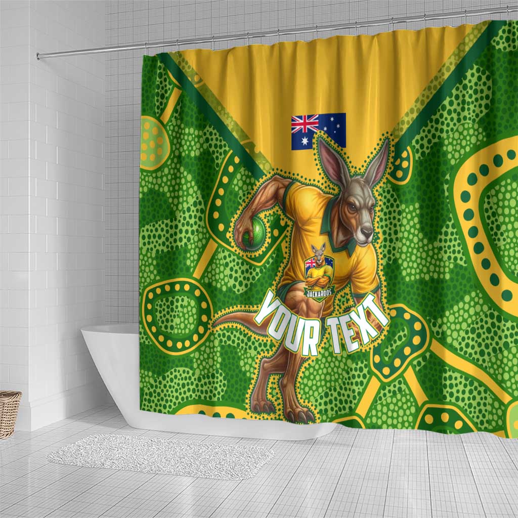 Personalized Australian Jackaroo Lawn Bowls Shower Curtain Kangaroo Athlete Indigenous Pattern Green Yellow Sports Mascot
