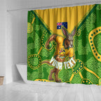 Personalized Australian Jackaroo Lawn Bowls Shower Curtain Kangaroo Athlete Indigenous Pattern Green Yellow Sports Mascot