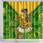 Personalized Australian Jackaroo Lawn Bowls Shower Curtain Kangaroo Athlete Indigenous Pattern Green Yellow Sports Mascot
